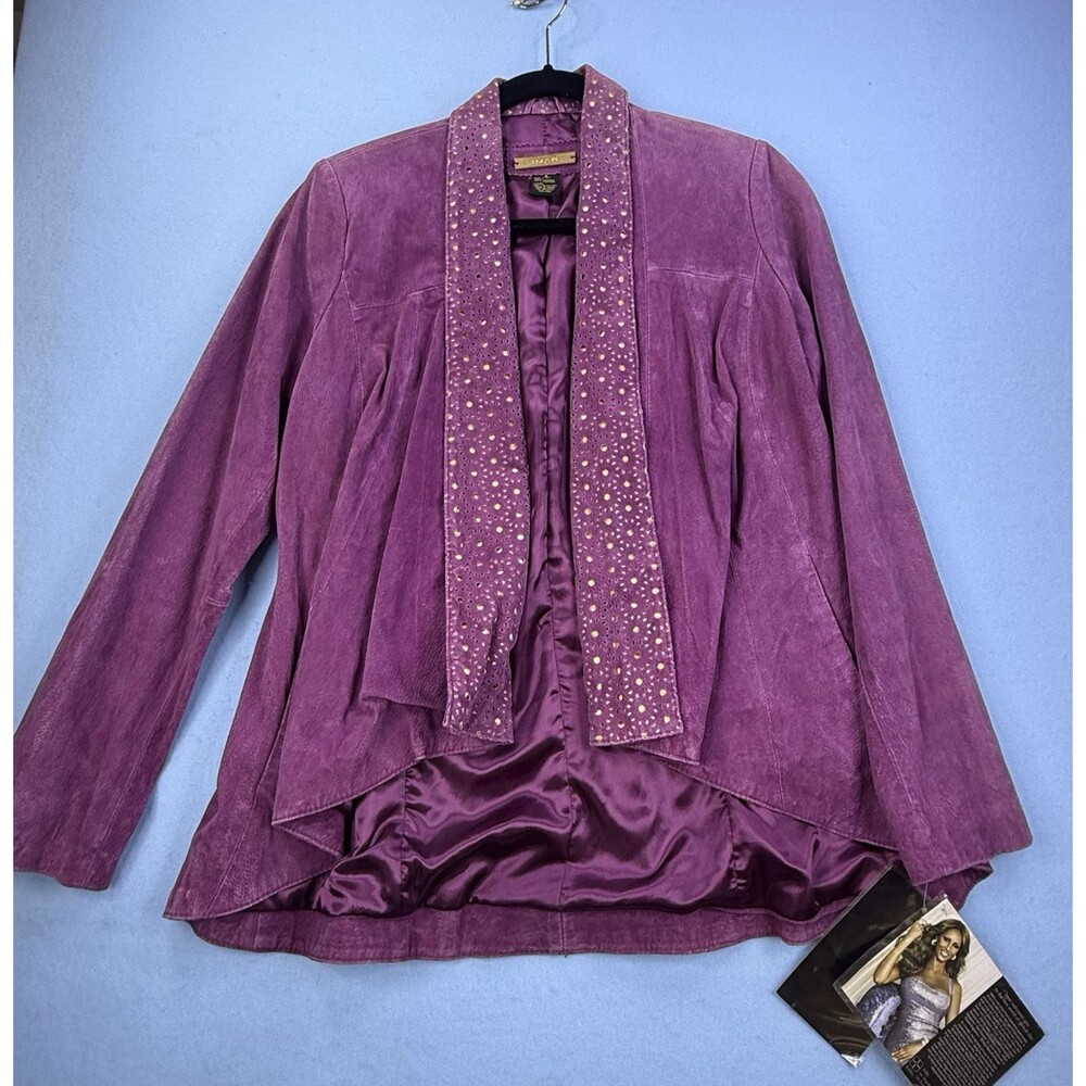 IMAN Genuine Suede Leather Waterfall Purple Laser Cut Women's Jacket Coat S 1172